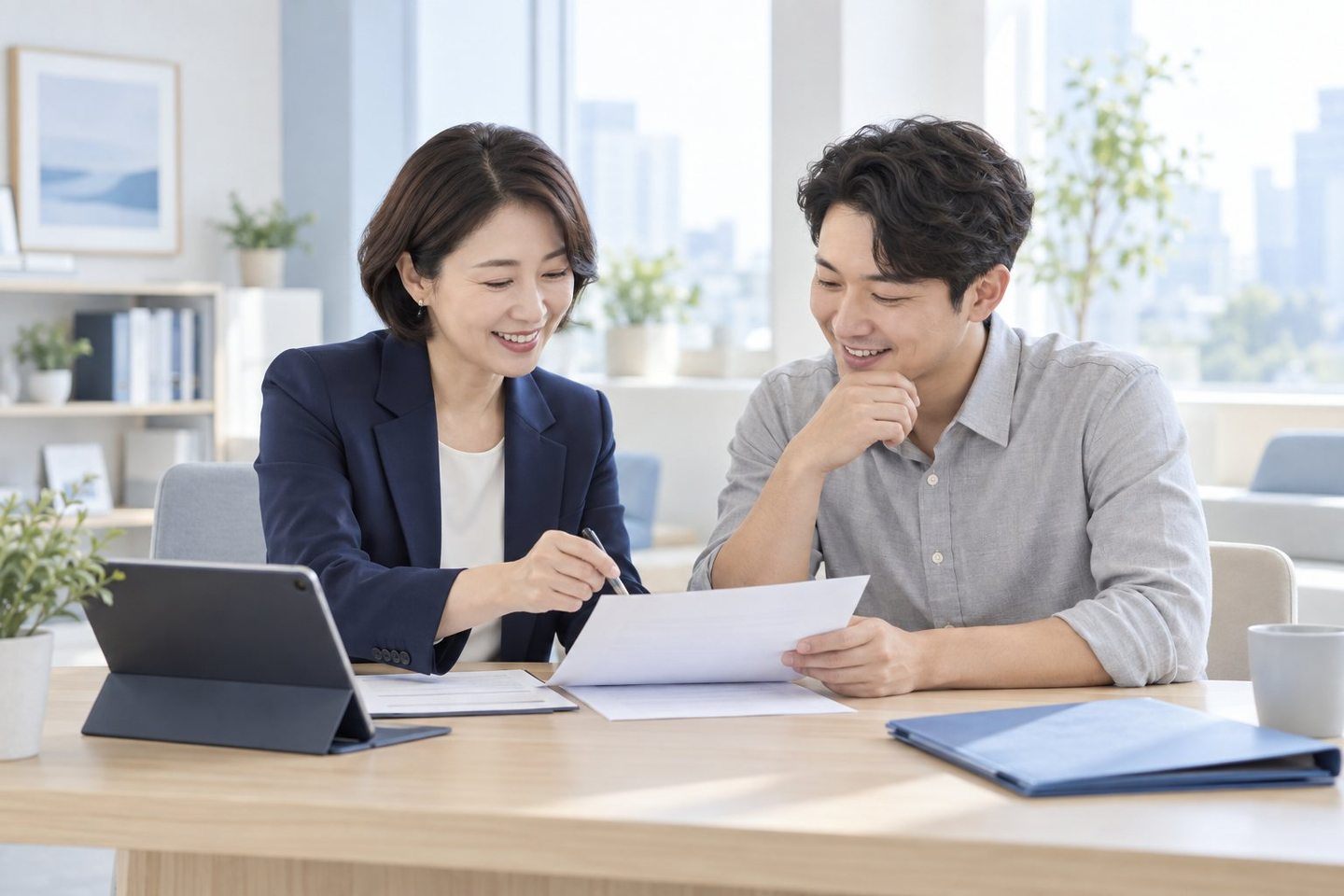 상담 자리에서 서류를 함께 검토하는 두 사람 — PG업체 등록 이유등록 이유, 꼭 따져야 하나 싶으셨죠? 연락 주시면 연결받을 회사부터 함께 살펴 드립니다.