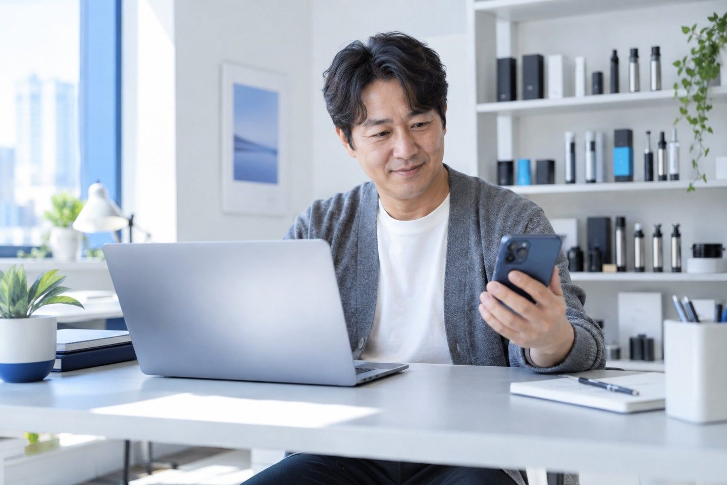 밝은 업무 공간에서 노트북을 사용하는 남성 — PG업체 상담상담, 조회가 끝나지 않았어도 괜찮아요. 연락 주시면 등록 여부부터 같이 짚어 드립니다.